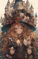 A young girl in a vibrant, detailed costume, adorned with a top hat overflowing with playing cards, stands in front of a grand, intricately designed castle with multiple towers.