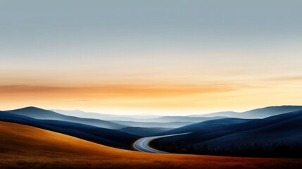 A winding road stretches through golden hills, surrounded by layers of blue mountains under a colorful sunset sky. The tranquil scene captures nature's beauty and calm.