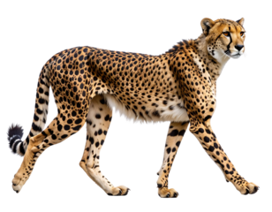 Cheetah Walking Slowly with One Paw Lifted Mid-Step, Side Angle, isolated on a transparent background