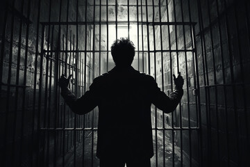 Man gripping the bars of a prison cell silhouette
