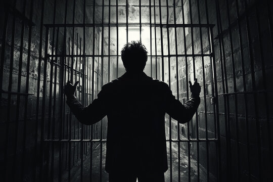 Man gripping the bars of a prison cell silhouette