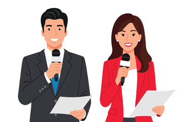Fototapeta premium Professional Male and Female News Anchors Holding Microphones and Scripts for Broadcast