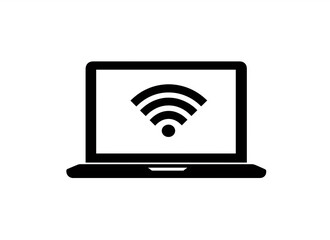 A black and white icon of a laptop displaying a Wi-Fi symbol on its screen, representing wireless connectivity.