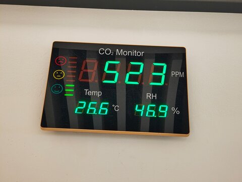 Palma De Mallorca, Spain - May 27, 2025: CO2 monitor displaying 523 PPM level, temperature at 26.6C and humidity at 46.9%, showcasing air quality measurement technology in modern environments