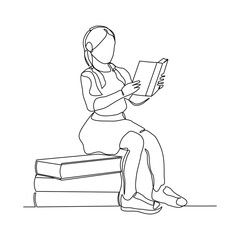Continuous line drawing child girl sitting and read a book. Single line concept of education. Vector illustration sketch editable stroke