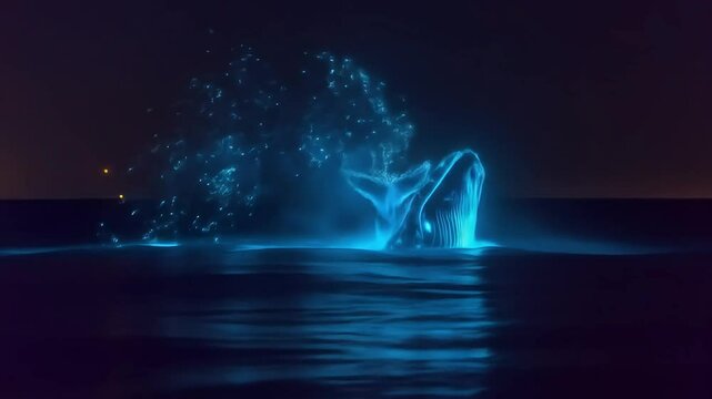 Glowing humpback whale breaching the ocean surface at night