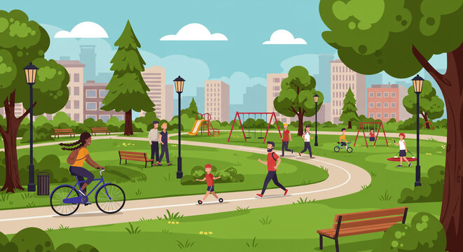 A vibrant park scene with people enjoying various activities amidst lush greenery and city buildings
