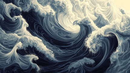 Graceful marine landscape with grand swirling waves in an artistic, detailed illustration. Each line and ripple contributes to the depth and drama, evoking awe and tranquility in equal measure.