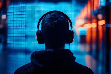 Man listening to music with headphones silhouette