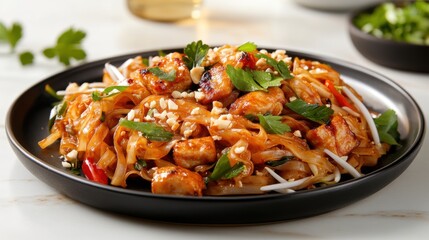 A flavorful dish of stir-fried noodles with tender chicken, colorful bell peppers, fresh bean sprouts, and garnished with herbs. Served on a black plate, this meal looks appetizing.