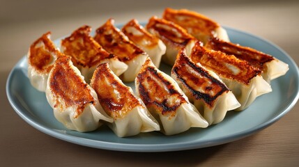 A plate filled with perfectly cooked gyoza showcases crispy edges and a soft filling, inviting diners to enjoy a flavorful dish perfect for sharing or savoring alone.