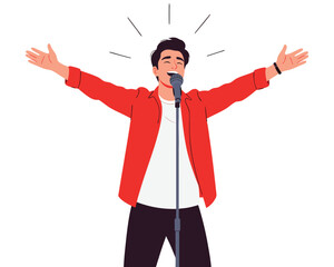 Enthusiastic Man Singing into Microphone During Dynamic Performance at Concert Event