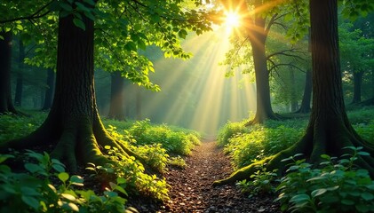 Obraz premium Sunlight streams through leaves onto a forest floor, dappled light illuminating the lush greenery and fallen branches A peaceful, serene daytime scene in nature , landscape, tranquil