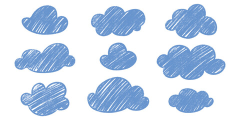 Chalk crayon cloud kid sketch assortment - delightful naive wobbly contours isolated design elements. Shabby chic filler images unpolished texture. Rough scribble frames hand drawn accents.