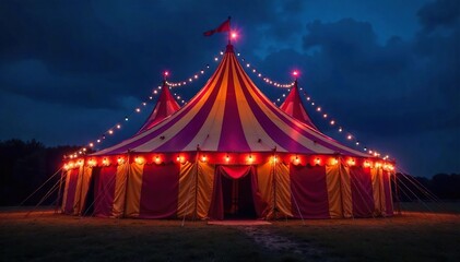 Vibrant striped circus tent, glowing under the night sky, ready for a spectacular show The big top stands tall and proud against the dark background , festival, circus tent, texture