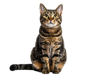 Fototapeta premium Curious Tabby Cat Looking Up with Bright Eyes, Front Angle, isolated on a transparent background
