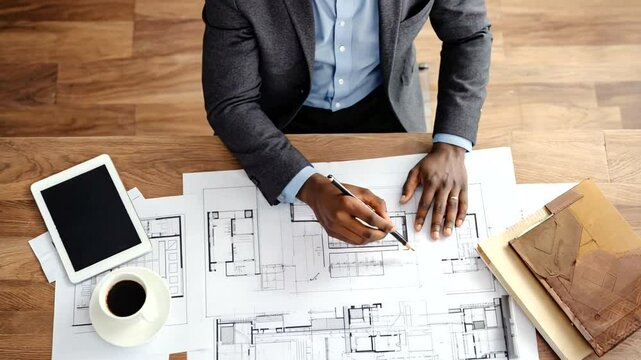 Architect reviewing blueprints at a wooden desk with coffee, tablet, and folders nearby
