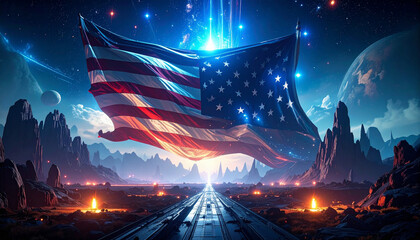 Futuristic evolving American flag . Independence Day concept. Generated Image