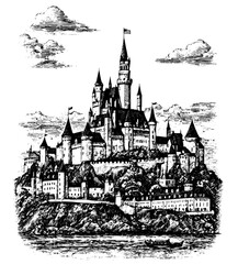 Fototapeta premium Hilltop Castle Engraving in Black and White, vintage ink style. Hand drawn illustration.