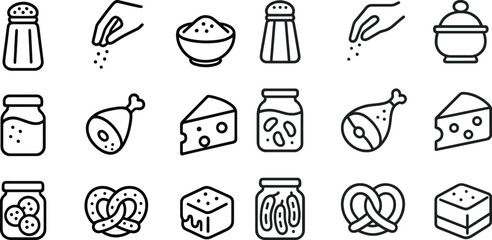 Assorted black and white icons of salty snacks and food ingredients