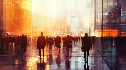 Urban Professionals Commute Sunset Cityscape Business People Walking Modern Architecture