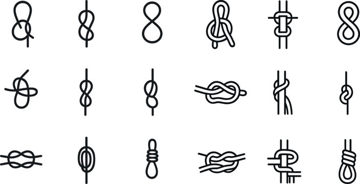 Set of various rope knots in minimalist line art for outdoor and nautical themes