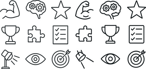 Fototapeta premium Collection of vector icons: fitness, awards, puzzle, creative ideas, goals, and vision