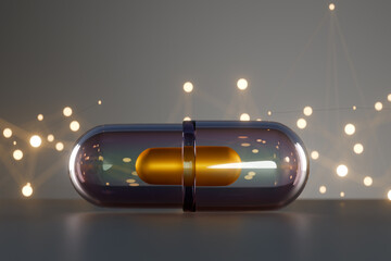 Capsule with golden pill inside surrounded by glowing light particles. 3d rendering