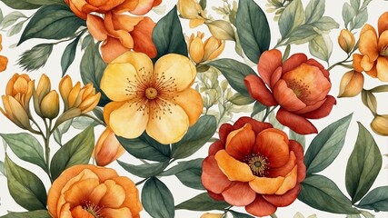 Watercolor floral illustration on white background. Plants and flowers. Green, orange, yellow, red