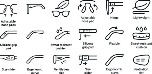 Eyewear features and accessories icons for design and product development