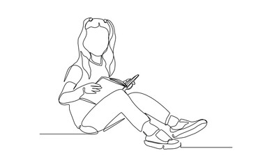 Continuous line drawing child girl sitting and read a book. Single line concept of education. Vector illustration sketch editable stroke