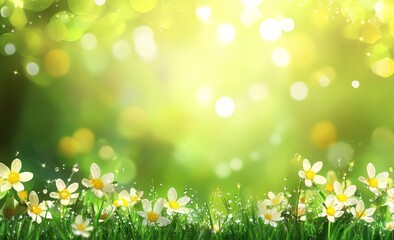 Fototapeta premium Green grass in a spring garden covered in water droplets from the rain