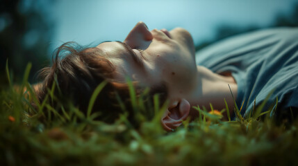 Young man peacefully lying on grass looking at sky, reflecting serenity, relaxation, introspection and emotional rest in nature during summertime