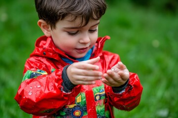 The child has fun outside in the summer rain while wearing a waterproof jacket and playing on tractors