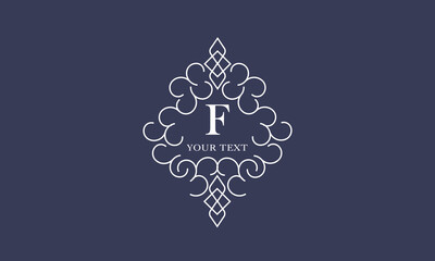 Luxury vector logo template, monogram with initial F. Vintage trendy royal ornament, frame illustration, good for fashion boutique, alcohol or hotel brand