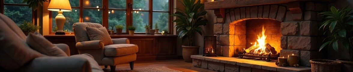 Cozy living room featuring a fireplace, plush armchair, and warm lighting, creating a relaxed and inviting atmosphere perfect for a quiet evening at home , hearth, living room, comfortable