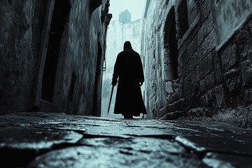 Man standing in a narrow alley