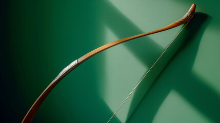 Elegant wooden archery bow leaning against green textured wall in natural light, ideal for sports, hunting, archery equipment and outdoor gear advertising
