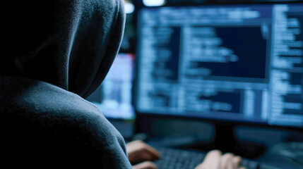 Hacker in hoodie using computer in dark room with multiple screens, symbolizing cybersecurity threat, data breach, hacking, identity theft and online crime