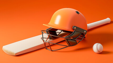 Cricket bat, helmet and ball placed neatly on bright orange background, ideal for sports promotions, cricket gear advertising and tournament visuals