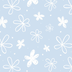 Simple nature floral vector background. Seamless pattern with hand drawn daisy flowers. Line art. Contour drawing. Fashion design for your textile and fabric, wrapping, any surface.