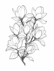 Detailed monochrome line drawing, magnolia flower, intricate details, shades of gray, tattoo style design.
