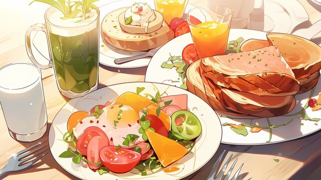 Breakfast spread on plate illustration