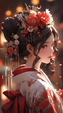 Young woman, traditional Japanese kimono, floral headpiece, gazing side, detailed makeup, hairstyle, illustration