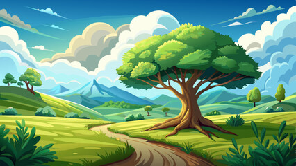 Serene Landscape with Lush Green Tree and Puffy Clouds very beautiful