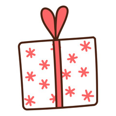 Birthday gift, present in box, wrapping paper with stars pattern, bow hand drawn illustration, isolated vector. Line drawing design. Birthday celebration, festival, carnival, party clip art, element