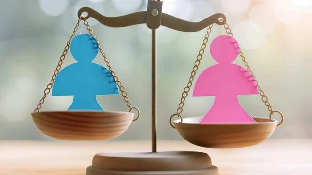 Colorful gender symbols on a scale represent balance and equality in today's society.