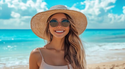 Portrait of a woman with hat and sunglasses smiling at the beach with beautiful blue water behind her