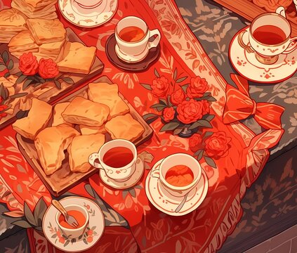 Table setting with pastries, tea cups, floral arrangement against warm backdrop