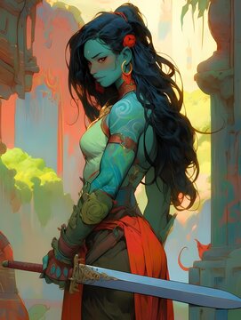 Green skinned warrior red eyes black hair red flowers red cape stands in colorful garden holding sword